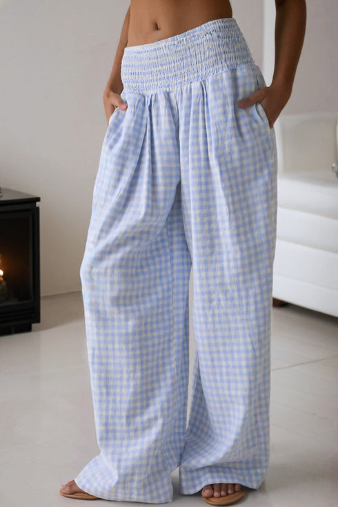 Smocked High Waist Gingham Plaid Pocketed Wide Leg Pants